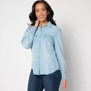 Side Stitch Flap Pocket Button-Front Top - Light Mist - Small